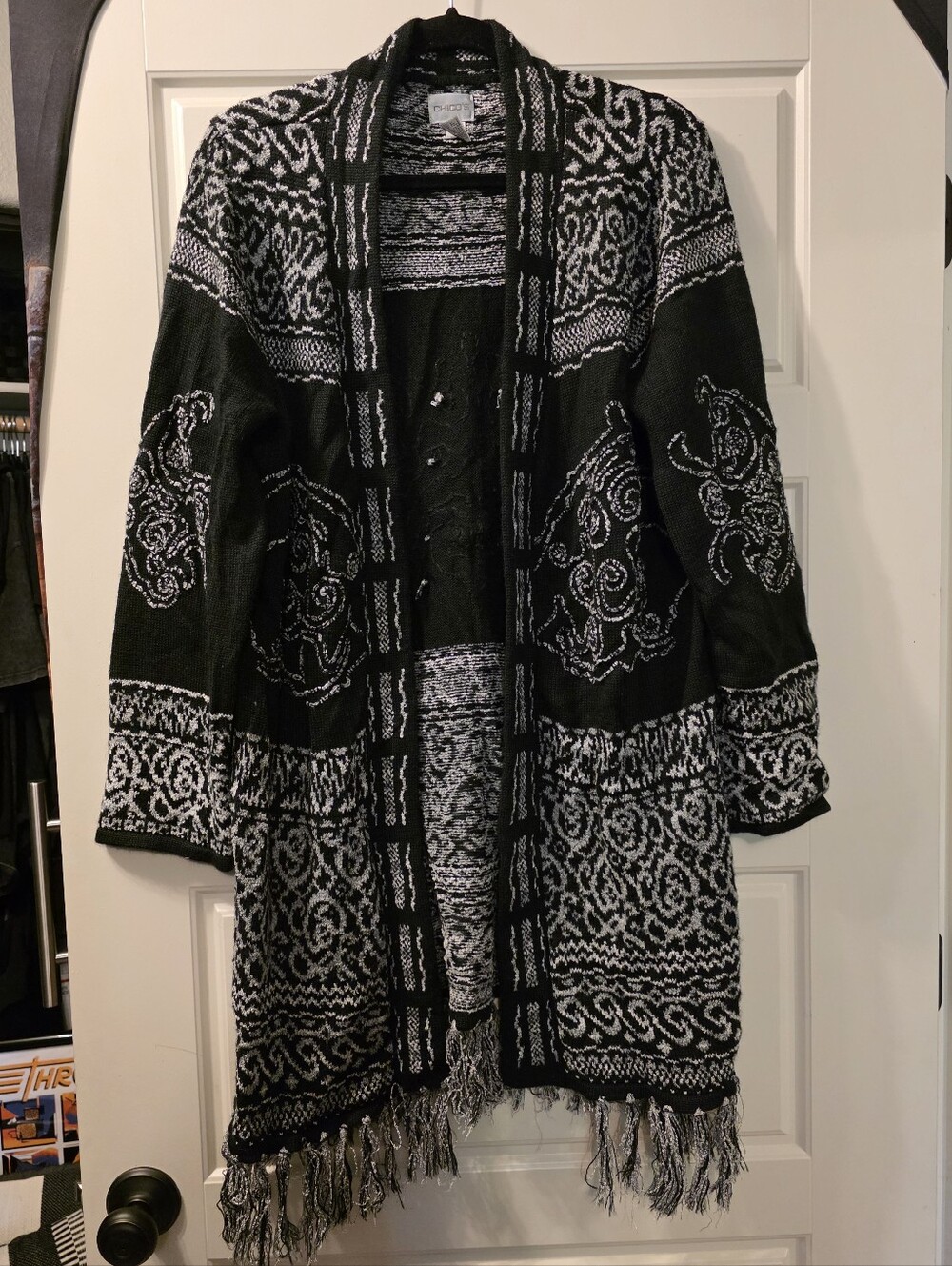 Chico’s Long Open Sweater Cardigan Embroidered Black Gray Tassle Womens Size 3